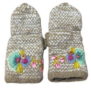 Wool Mittens Gloves Women’s Size Small Medium Gray Blue Knit Flowers French Knot